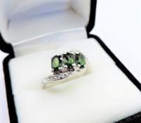 Green Diopside & White Topaz Ring Sterling Silver New with Gift Pouch