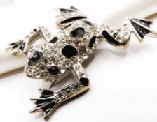 Large Vintage Sardi Signed Black Enamel Crystal Frog Brooch