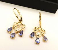 18K Gold on Sterling Silver Tanzanite Drop Earrings New with Gift Pouch