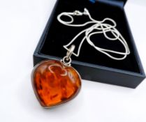 Vintage Sterling Silver Amber Heart Pendant Necklace
