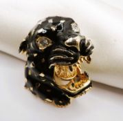 Large Vintage Gold Plated Black Enamel Panther Head Brooch with Gift Pouch