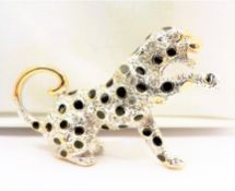 Vintage Gold Plated Crystal Panther Brooch Signed BJ