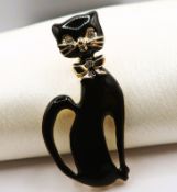 Large Vintage Gold Plated Black Enamel & Crystal Cat Brooch with Gift Pouch