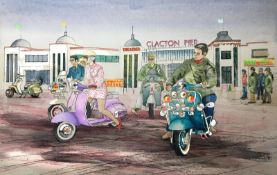 Mods Clacton Pier Vespa's & Lambretta's Nostalgic 1960's Scene Metal Wall Art.