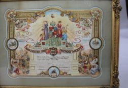 Edwardian Coloured Calligraphic Freemason Artwork Set in Gilt Frame
