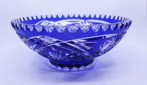 Vintage Czech Blue Cut Overlay Glass Bowl