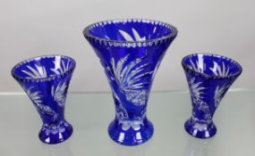 Fine Vintage Cobalt Blue Overlay Crystal Trio of Vases