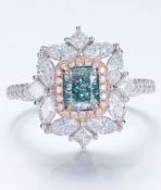 Natural - 0.88ct Radiant Cut Fancy Green/Blue Diamond Ring - GIA Certified