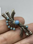 Vintage Scimitar Style Brooch Silver Tone Pin Faux Turquoise Blue Glass Orb