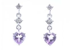 9ct White Gold Amethyst Heart Shape Diamond Earrings