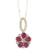 14ct Yellow Gold Flower Cluster Diamond and Ruby Pendant and 18