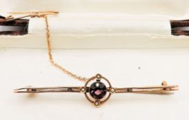 Antique 9K Gold Amethyst & Seed Pearl Brooch with Gift Box