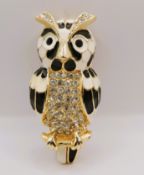 Large Vintage SARDI Signed Gold Plated Enamel Owl Brooch