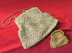 Circa 1960's Gold Metallic Crochet Evening Bag & Gold Tone Metal Purse