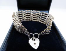 Vintage Sterling Silver 6 Bar Gate Bracelet & Heart Padlock ASJ Hallmark Date 1979