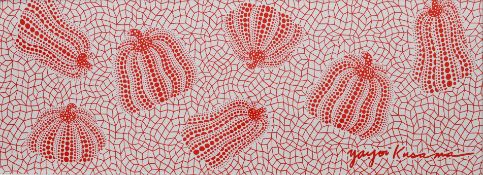 Yayoi Kusama (B 1929) Yayoi Kusama Pumpkins, Screen Print Red On White Cotton, Signed, Framed