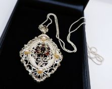 Artisan Sterling Silver Filigree Cultured Pearl & Ruby Pendant Necklace