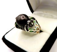 Sterling Silver Tahitian Cultured Pearl Plique-à-jour Ring New with Gift Box