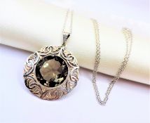 Circa 1954 Sterling Silver 41CT Smokey Quartz Pendant Necklace with Gift Box