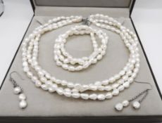 Cultured Pearl Necklace, Bracelet and Earrings Set New with Gift Box