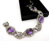 Vintage Artisan Sterling Silver 24CT Amethyst Floral Link Bracelet Hallmark Chester 1953