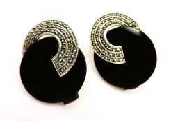 Art Deco Sterling Silver Black Onyx & Marcasite Stud Earrings
