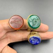3 Piece Near Eastern Antique Agate, Carnelian & Lapis Lazul Bronze Rings