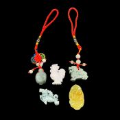 Natural Hand Carved 5 Piece Burmese Jade Pendant, Beautiful Animal Carved Jade