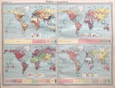 Antique World Population, Race, Religions and Languages Coloured Map.