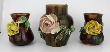 Set of 3 Decorative Victorian Floral Pottery Vases