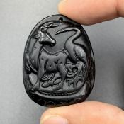 92.15 Cts Awesome Carved Natural Black Obsidian Pendant. Blt-21