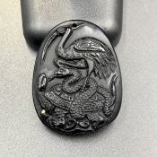 86.75 Cts Natural Carved Black Obsidian Snake, Bird & Turtle Pendant. MF-80