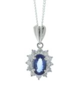 Platinum Oval Diamond and Sapphire Pendant (S1.19) 0.40 Carats