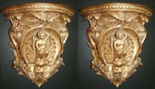 Pair of Gilded Hand Carved Cherubic Wall Brackets