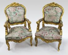 Pair of Carved Giltwood Louis XV Style Upholstered Armchairs