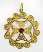 Maltese Filigree Silver Gilt Pendant with Pink Gemstone