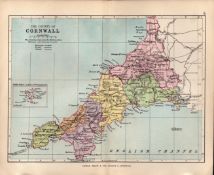 County of Cornwall 1895 Antique Victorian Coloured Map.