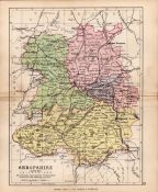 County Shropshire 1895 Antique Victorian Coloured Map.