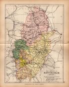 County Nottinghamshire 1895 Antique Victorian Coloured Map.