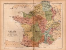 Antique 1867 Victorian Coloured Classical Geography Map Gallia.