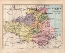County Durham 1895 Antique Victorian Coloured Map.