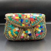 Wonderful Nepalese Handmade Multi Colour Howalite Stones With Brass Purse/Hand Bag