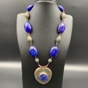ZPT-5, Wonderful Vintage Afghani Lapis Lazuli With Antique Wax Silver Coated Layer Beads Necklace...