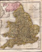 England & Wales Antique Large Coloured Detailed Copper Engraved Map.