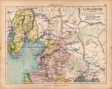 Lancashire North 1895 Antique Victorian Detailed Coloured Map.