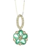 14ct Yellow Gold Flower Cluster Diamond and Emerald Pendant and 18