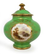 Coalport Green Ground Hand Painted Vase & Cover c.1900