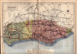 County of Sussex Large Victorian Letts 1884 Antique Coloured Map.