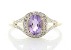 9ct Yellow Gold Amethyst and Diamond Halo Set Ring