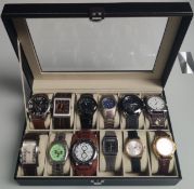 A Collection of 12 x Watches In A Watch Collector's Box.